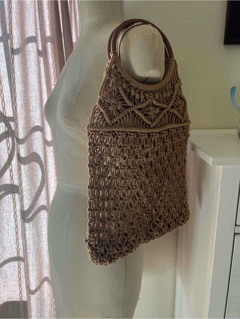 Handcrafted Brown Macramé Tote Bag with Wooden Handles